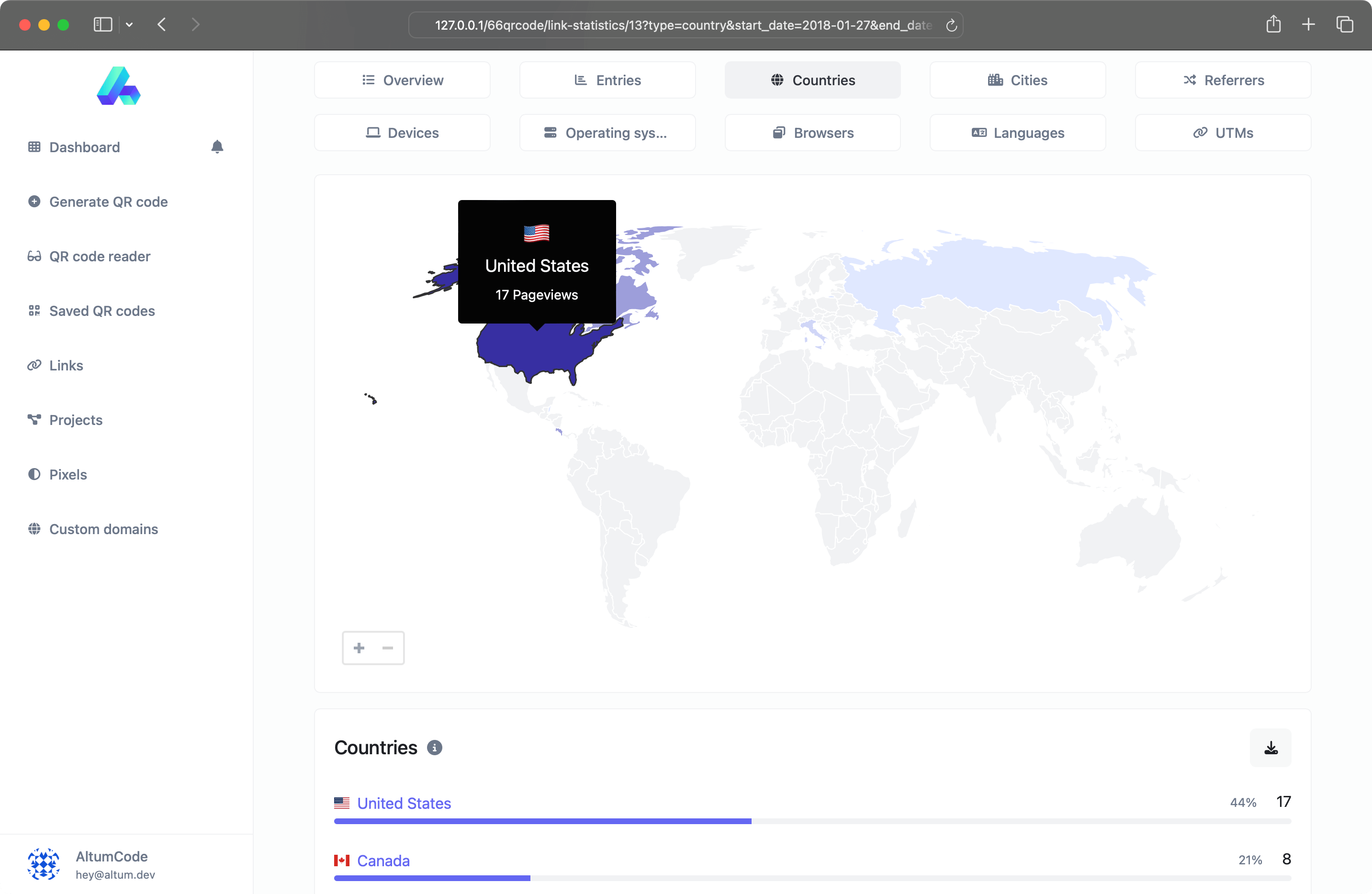 Screenshot della pagina di analisi dei codici QR
